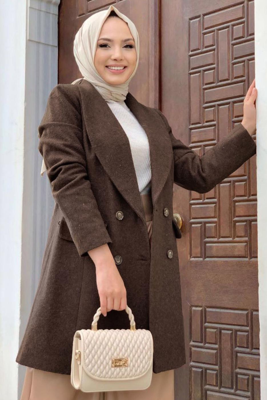 Tesettür giyim KAHVE DÜĞMELİ KAŞE CEKET 4077