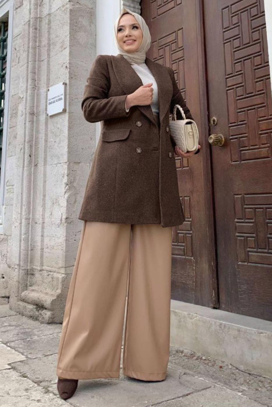 Tesettür giyim KAHVE DÜĞMELİ KAŞE CEKET 4077