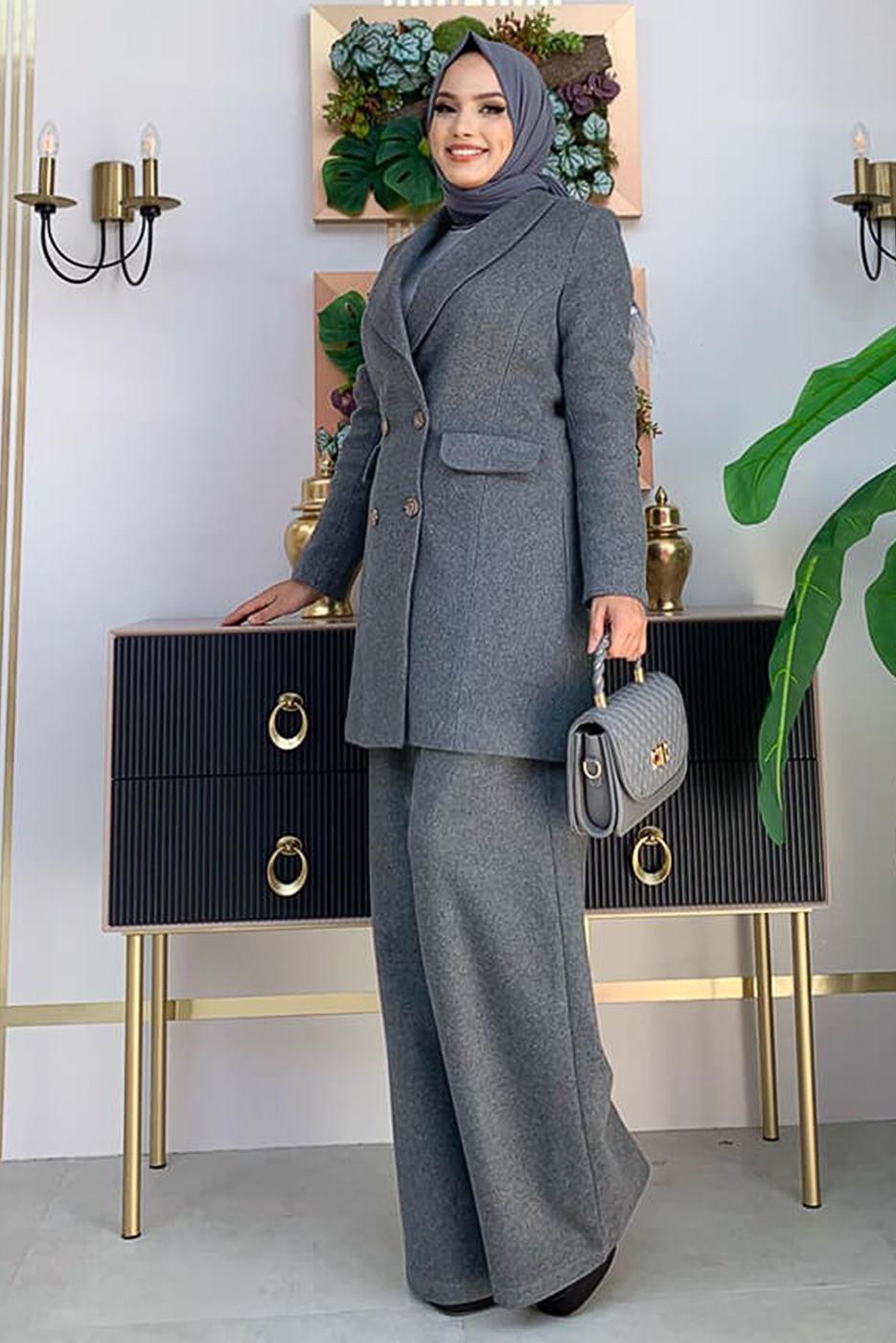 Tesettür giyim GRİ DÜĞMELİ KAŞE CEKET 4077
