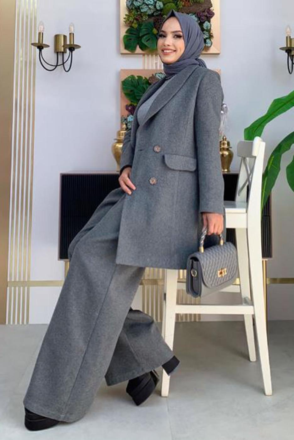 Tesettür giyim GRİ DÜĞMELİ KAŞE CEKET 4077