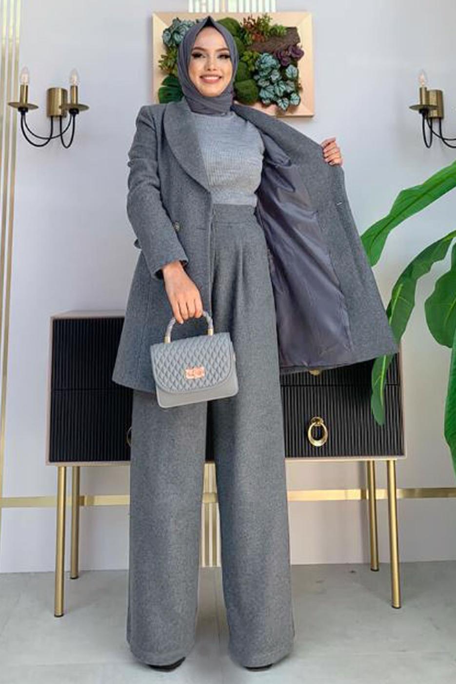 Tesettür giyim GRİ DÜĞMELİ KAŞE CEKET 4077