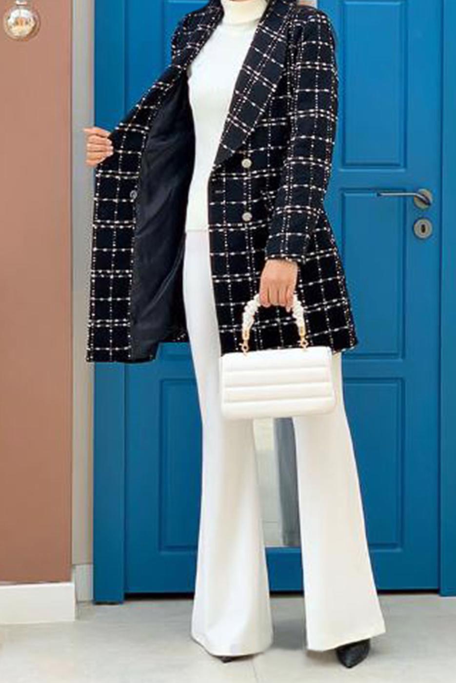 Tesettür giyim SİYAH KRUVAZE YAKA DÜĞMELİ KAŞE CEKET 4167 