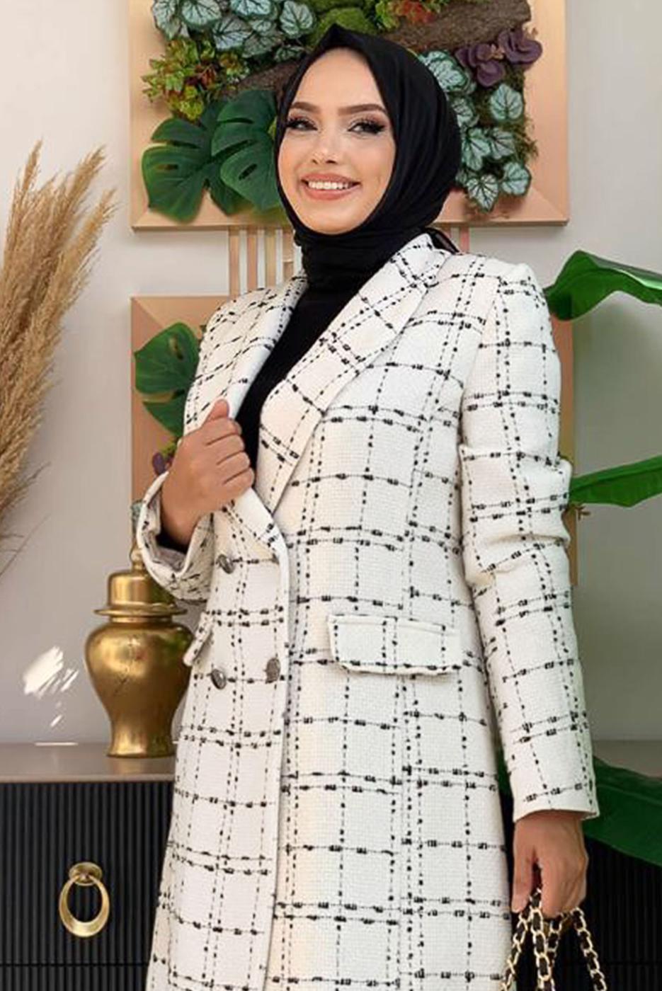 Tesettür giyim BEJ KRUVAZE YAKA DÜĞMELİ KAŞE CEKET 4167 