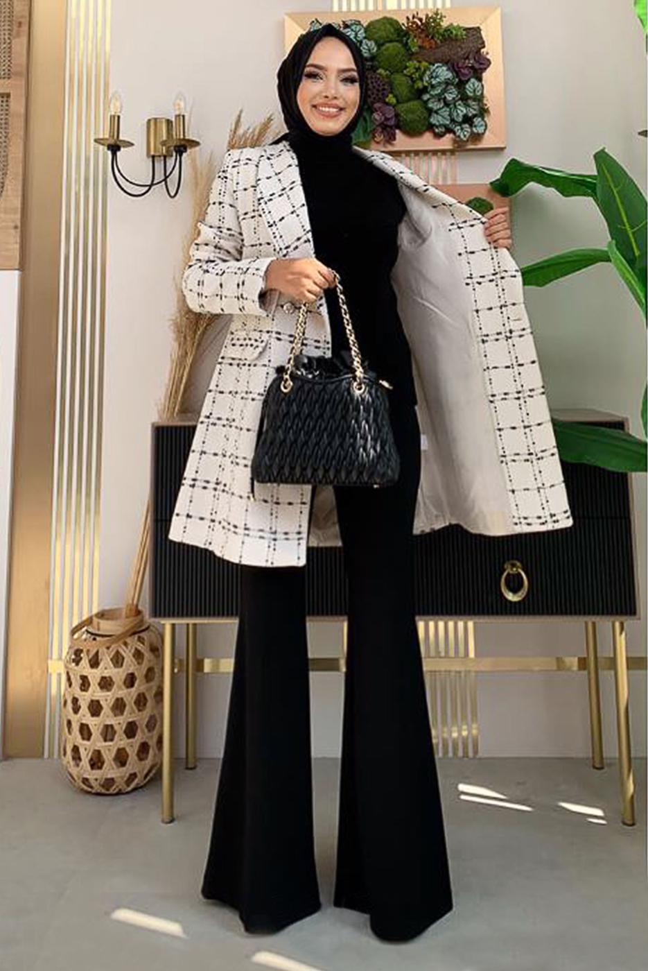 Tesettür giyim BEJ KRUVAZE YAKA DÜĞMELİ KAŞE CEKET 4167 