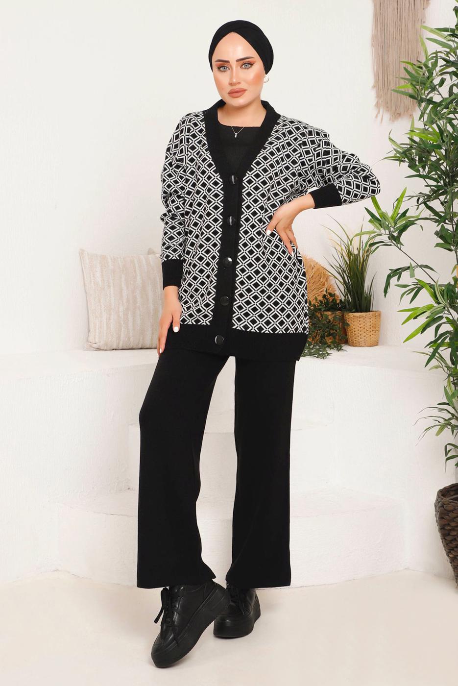 Tesettür giyim SİYAH BAKLAVA DESENLİ TRİKO HIRKA 4792 