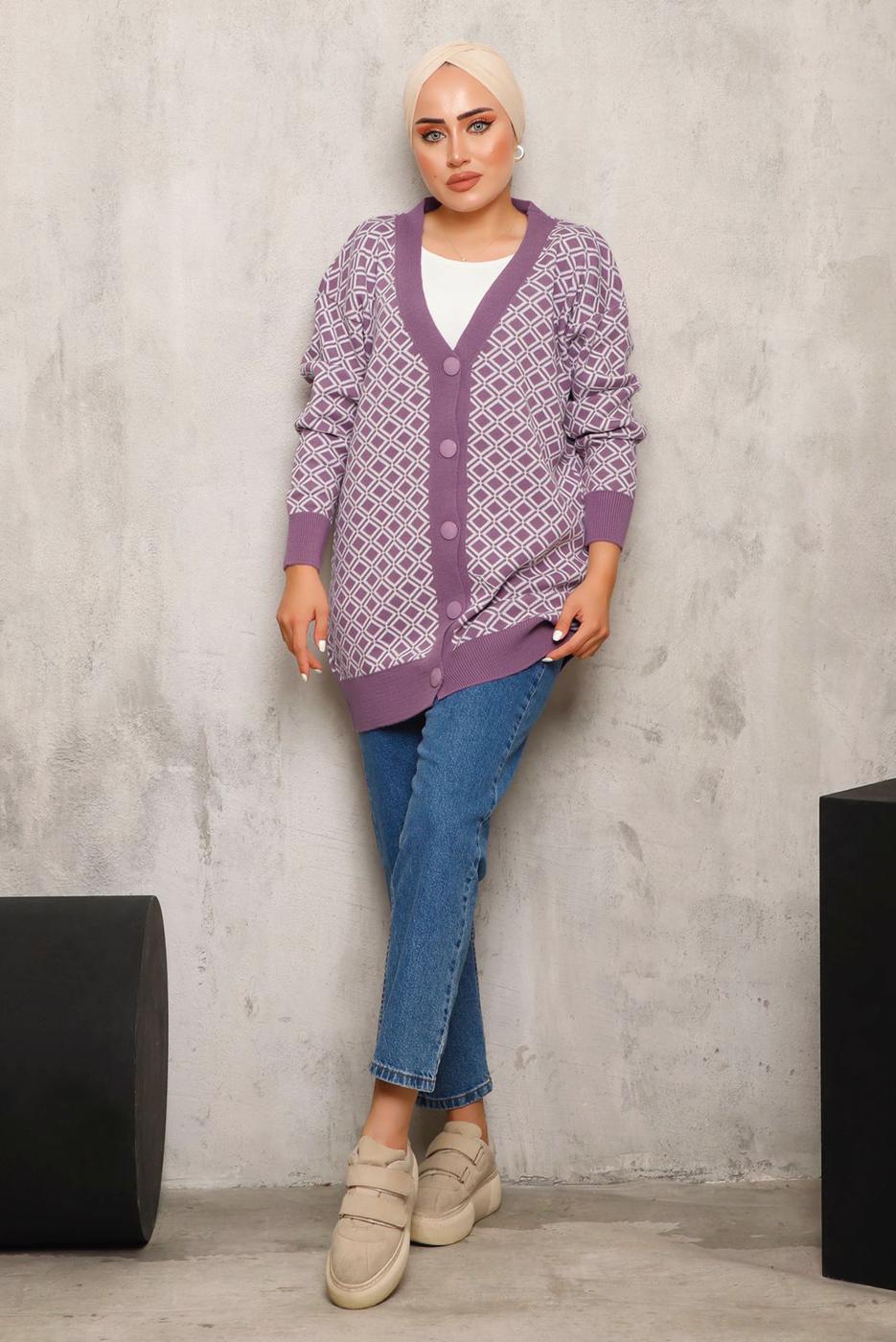 Tesettür giyim MOR BAKLAVA DESENLİ TRİKO HIRKA 4792 