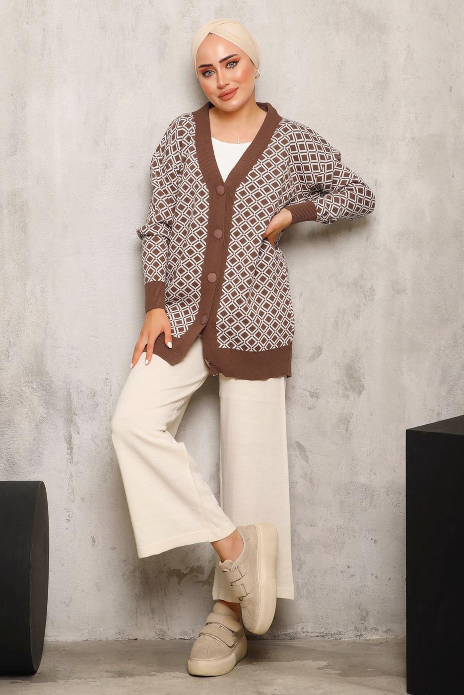 Tesettür giyim TABA BAKLAVA DESENLİ TRİKO HIRKA 4792 