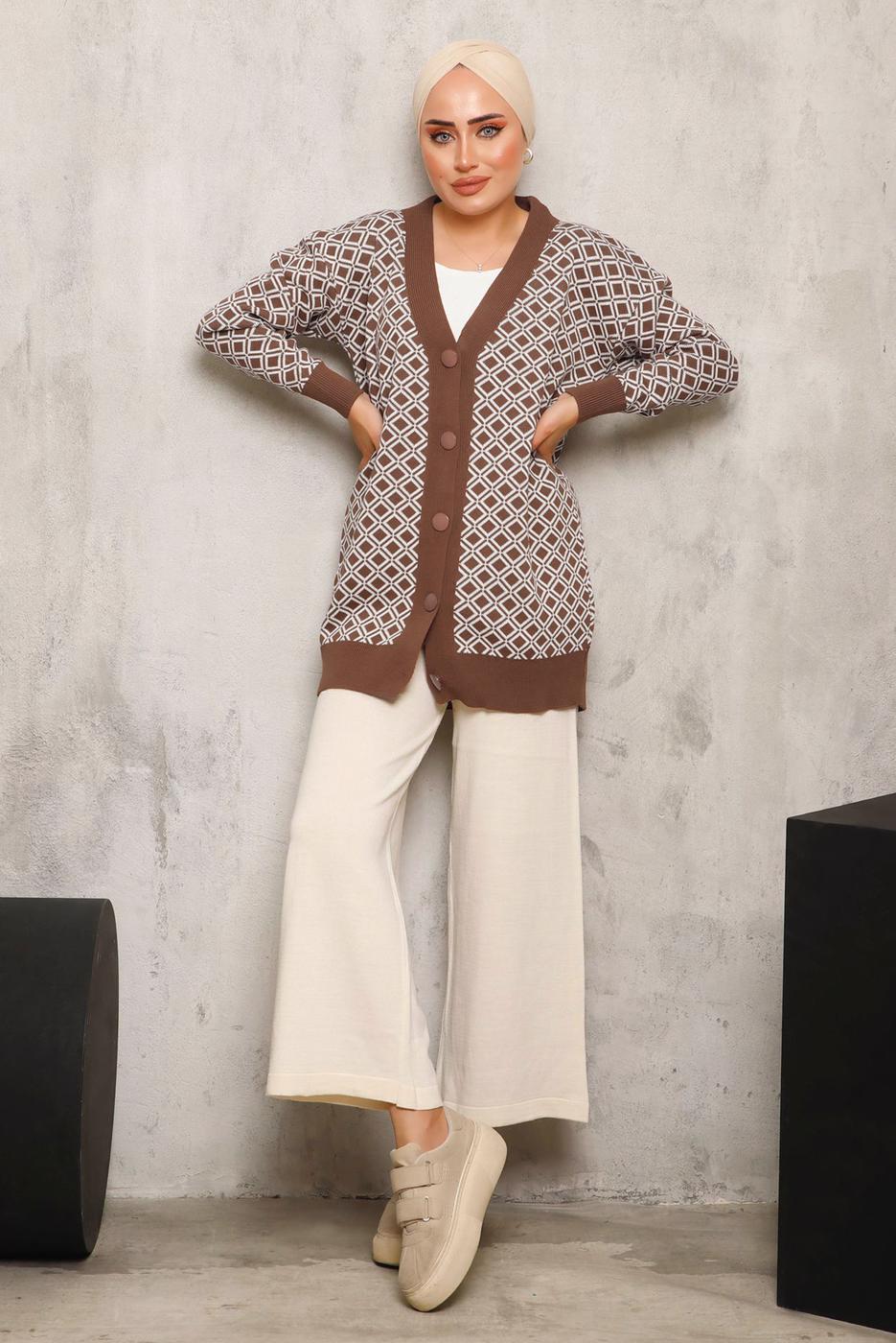 Tesettür giyim TABA BAKLAVA DESENLİ TRİKO HIRKA 4792 