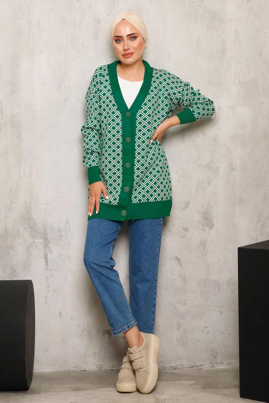 Tesettür giyim YEŞİL BAKLAVA DESENLİ TRİKO HIRKA 4792 