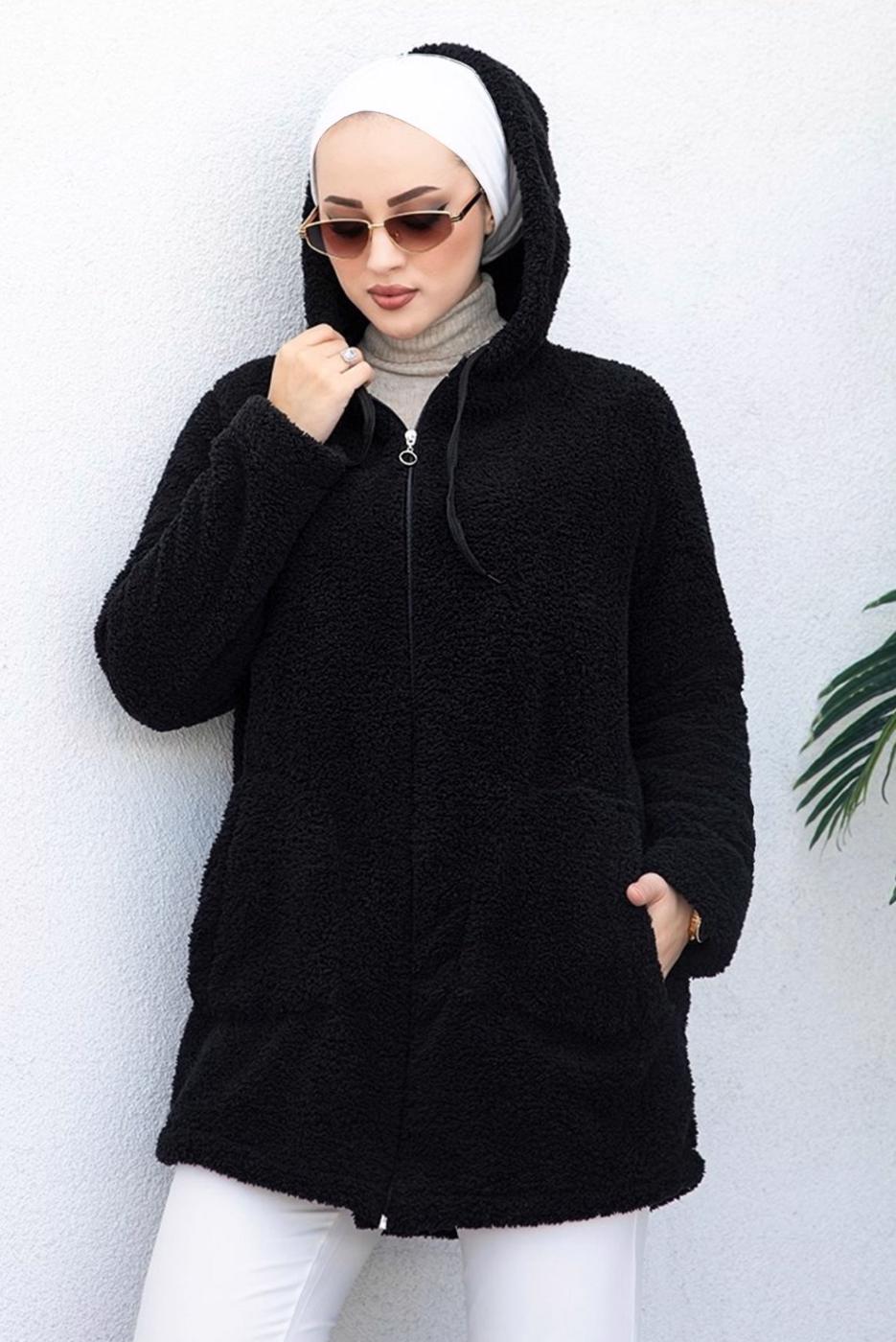 Tesettür giyim SİYAH KAPÜŞONLU PELUŞ CEKET 50003