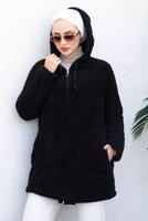 Tesettür giyim SİYAH KAPÜŞONLU PELUŞ CEKET 50003