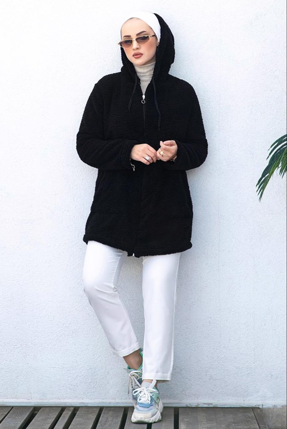 Tesettür giyim SİYAH KAPÜŞONLU PELUŞ CEKET 50003