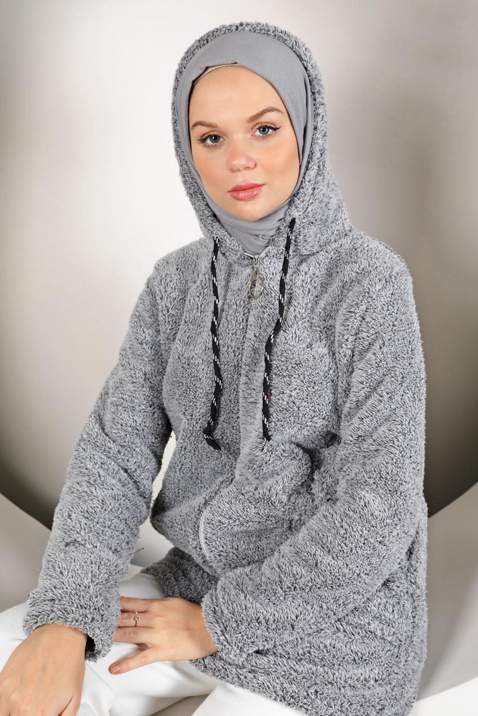 Hijab clothing GREY HOODED TEDDY JACKET 50003