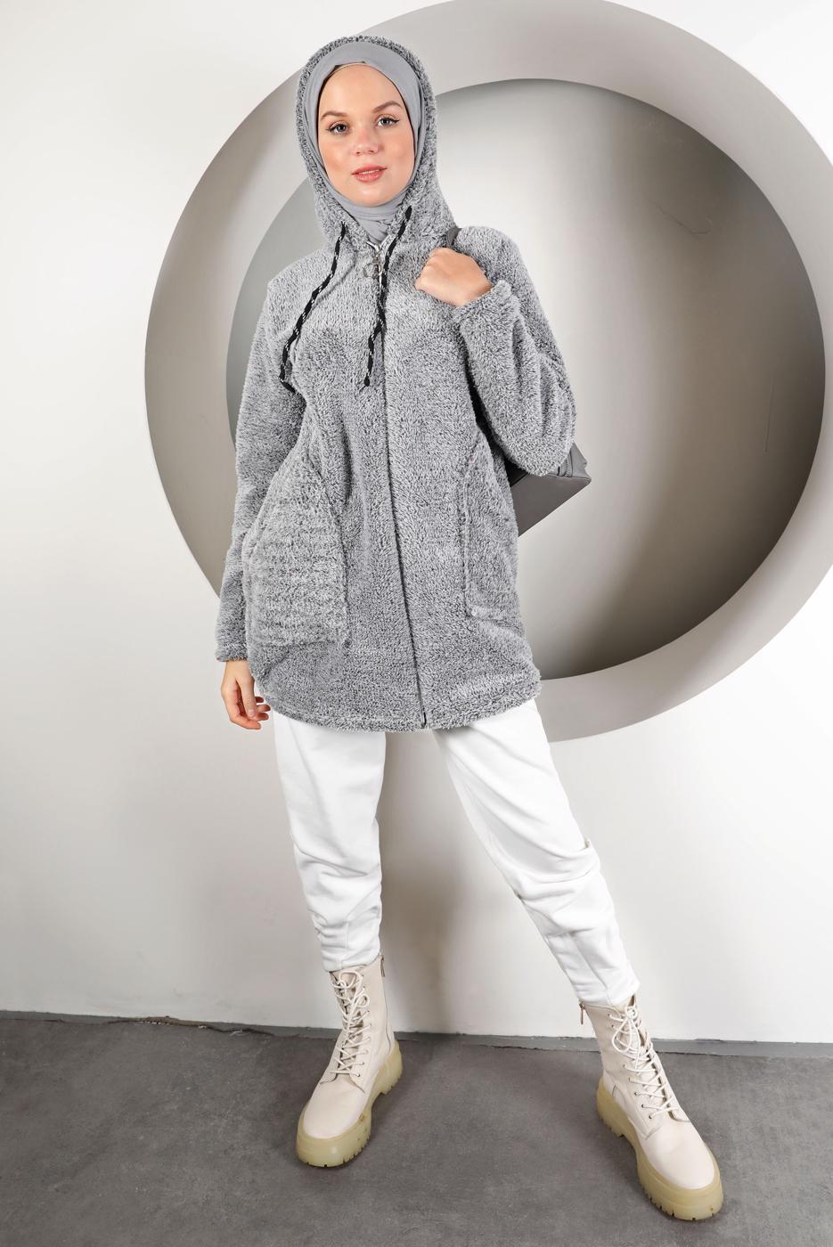 Hijab clothing GREY HOODED TEDDY JACKET 50003