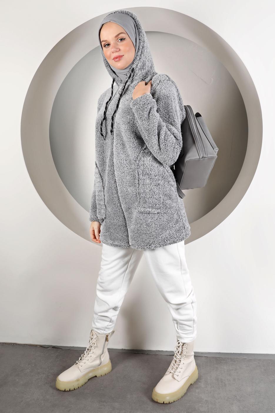 Hijab clothing GREY HOODED TEDDY JACKET 50003