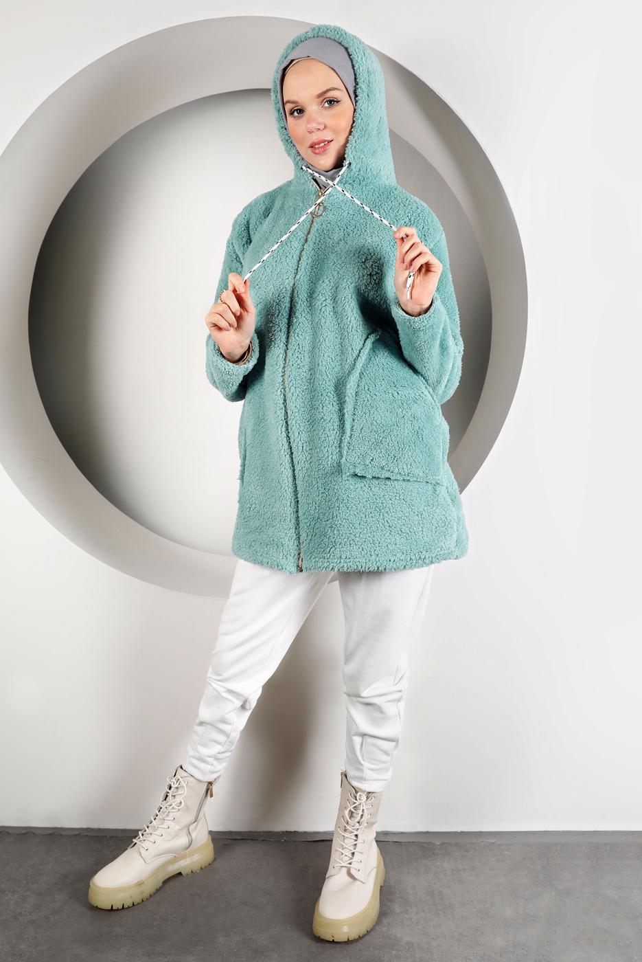 Tesettür giyim YEŞİL KAPÜŞONLU PELUŞ CEKET 50003
