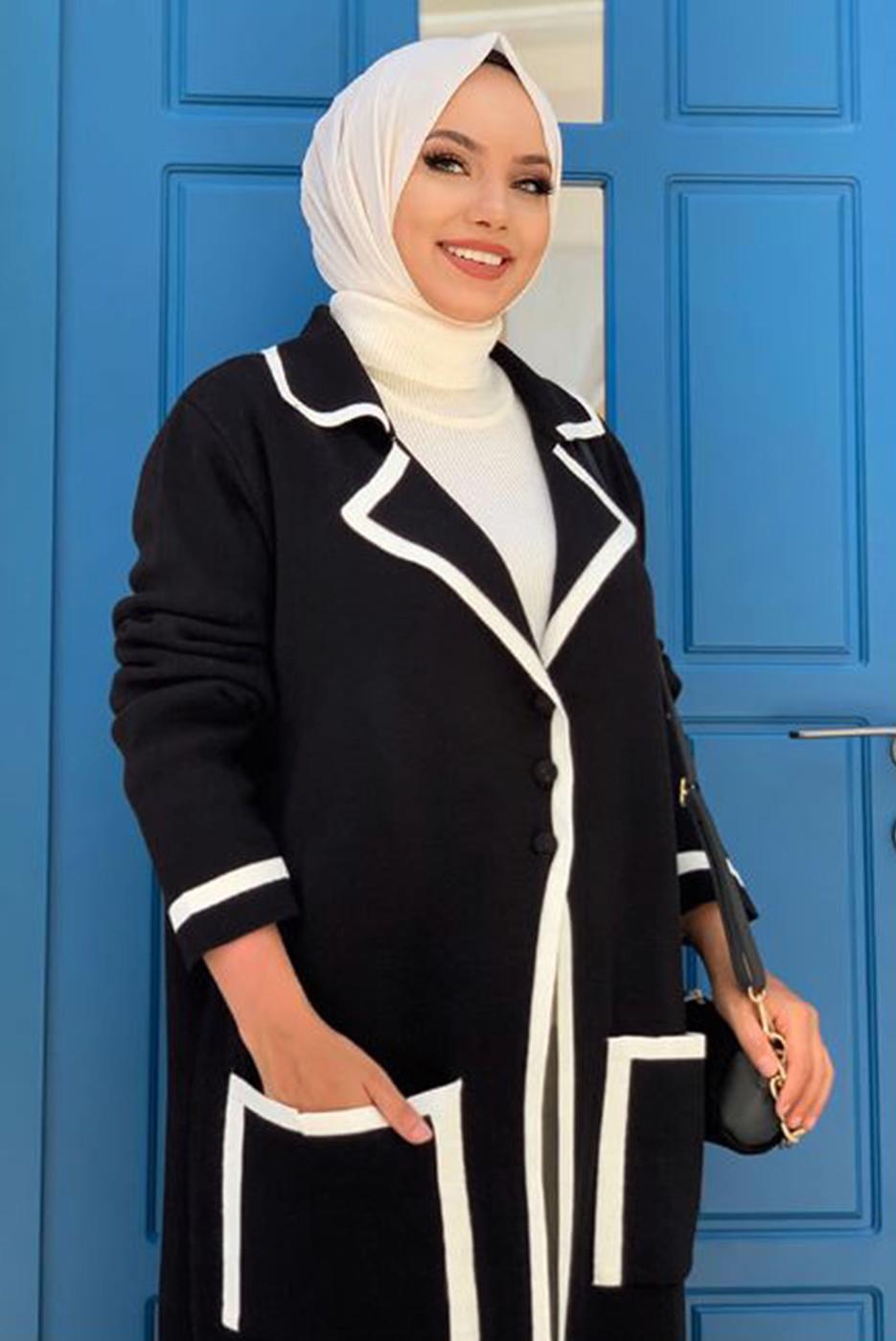 Tesettür giyim SİYAH DÜĞMELİ CEPLİ TRİKO HIRKA 50222