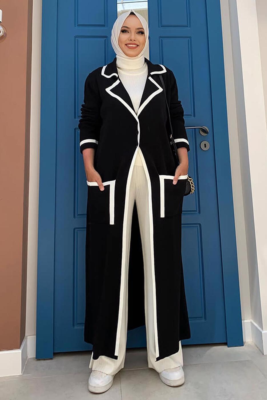 Tesettür giyim SİYAH DÜĞMELİ CEPLİ TRİKO HIRKA 50222