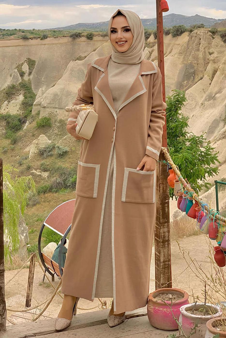 Tesettür giyim KAHVE DÜĞMELİ CEPLİ TRİKO HIRKA 50222