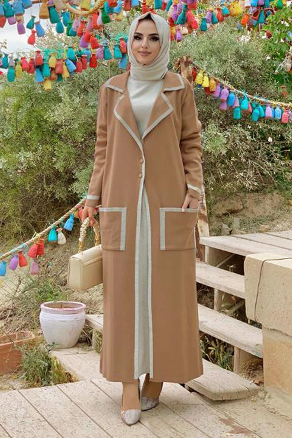 Tesettür giyim KAHVE DÜĞMELİ CEPLİ TRİKO HIRKA 50222