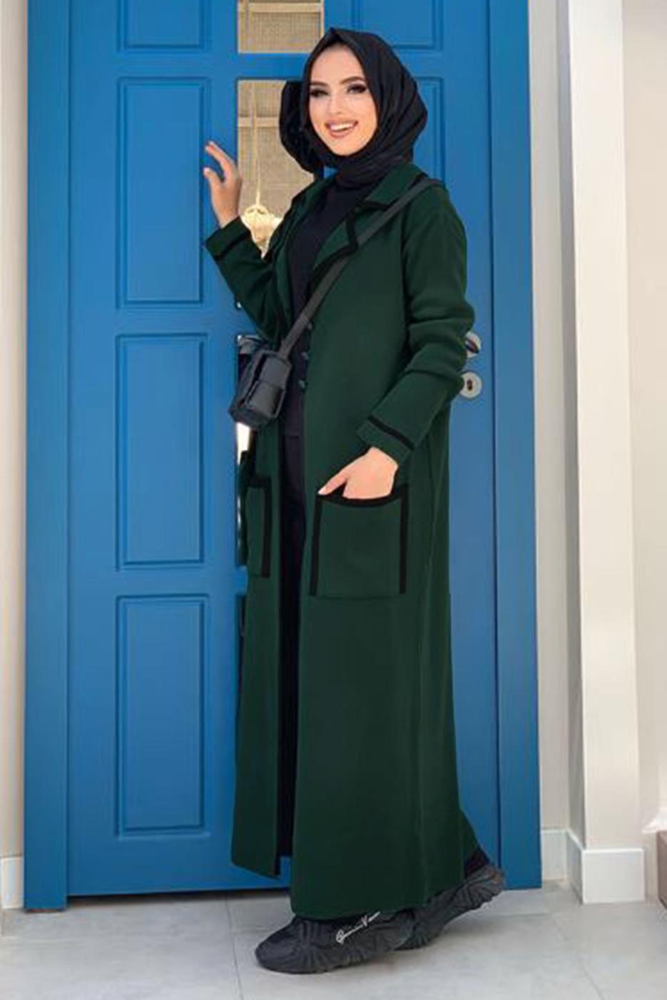 Tesettür giyim YEŞİL DÜĞMELİ CEPLİ TRİKO HIRKA 50222