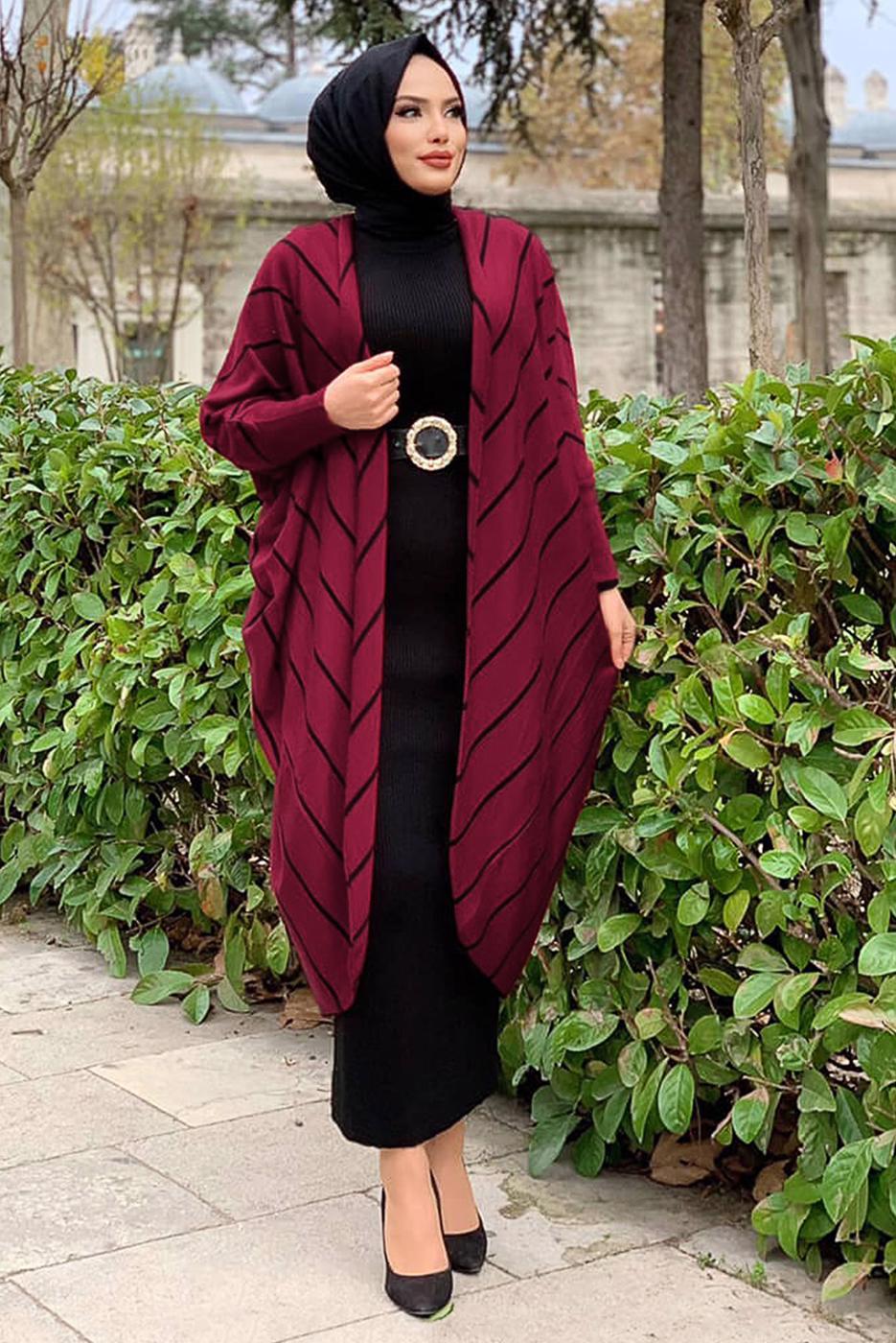 Tesettür giyim BORDO ÇİZGİLİ SİMLİ YARASA KOL TRİKO HIRKA 5034