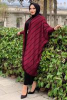 Tesettür giyim BORDO ÇİZGİLİ SİMLİ YARASA KOL TRİKO HIRKA 5034