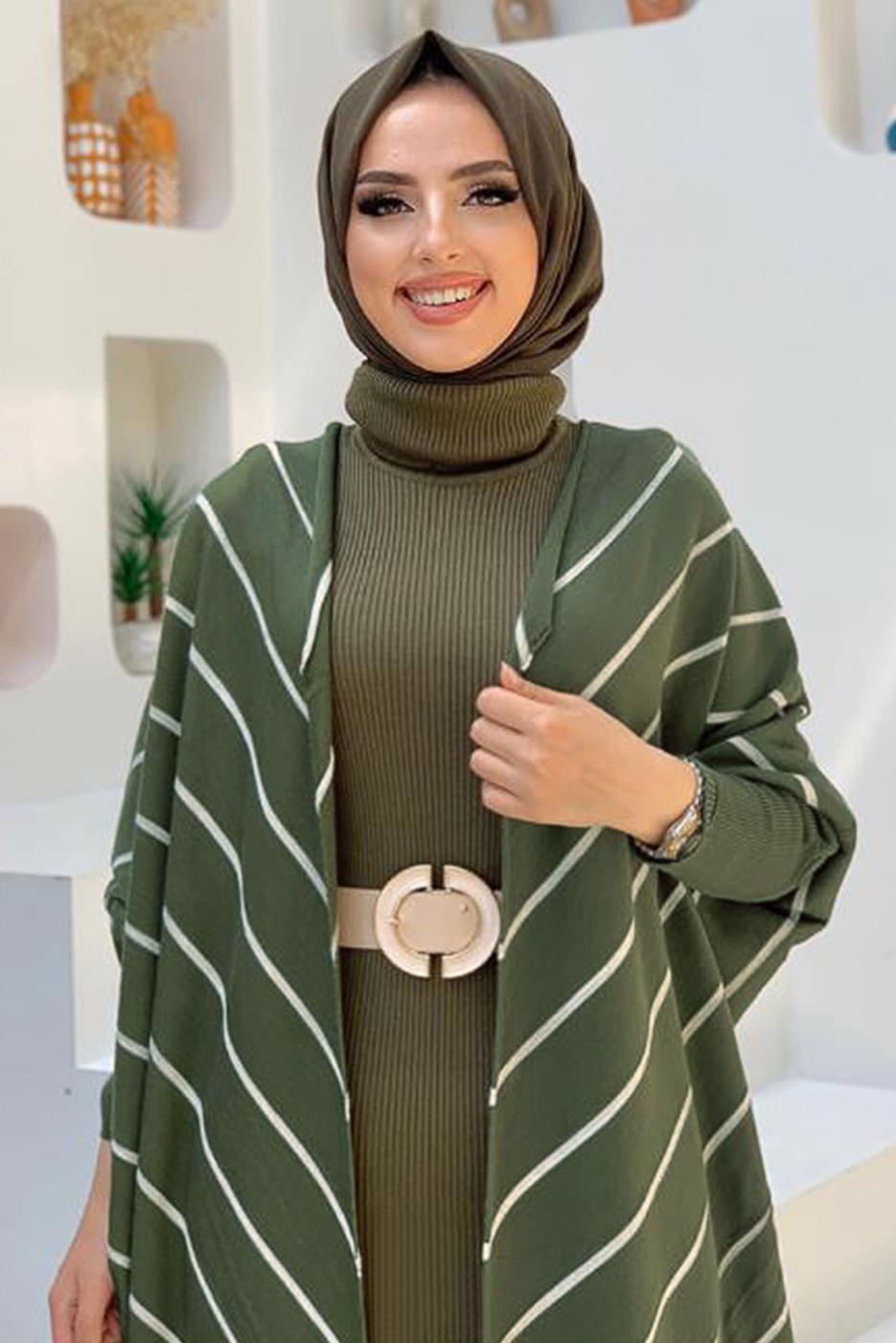 Tesettür giyim HAKİ ÇİZGİLİ SİMLİ YARASA KOL TRİKO HIRKA 5034 