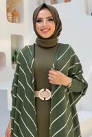 Tesettür giyim HAKİ ÇİZGİLİ SİMLİ YARASA KOL TRİKO HIRKA 5034 