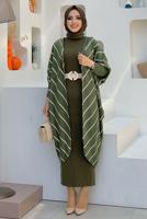 Tesettür giyim HAKİ ÇİZGİLİ SİMLİ YARASA KOL TRİKO HIRKA 5034 