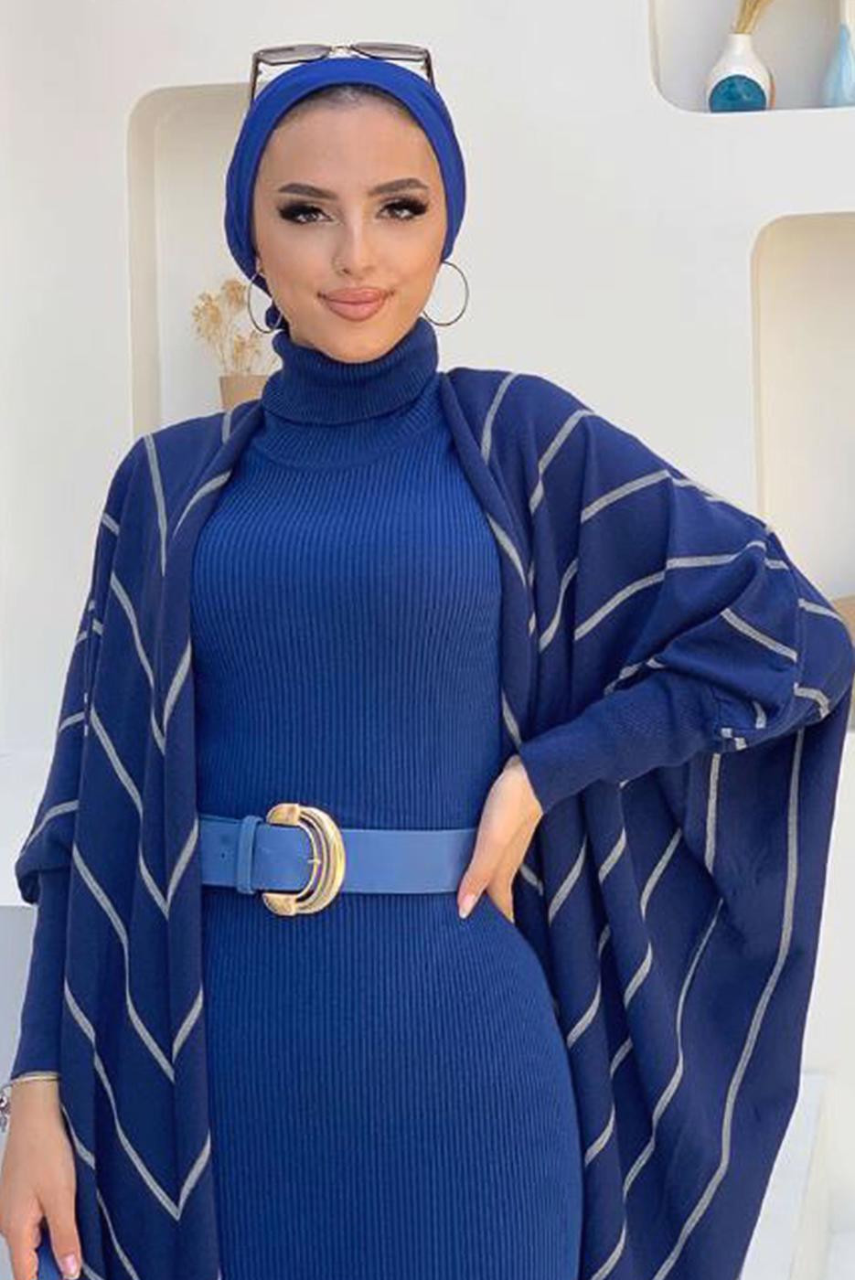 Tesettür giyim LACİVERT ÇİZGİLİ SİMLİ YARASA KOL TRİKO HIRKA 5034 