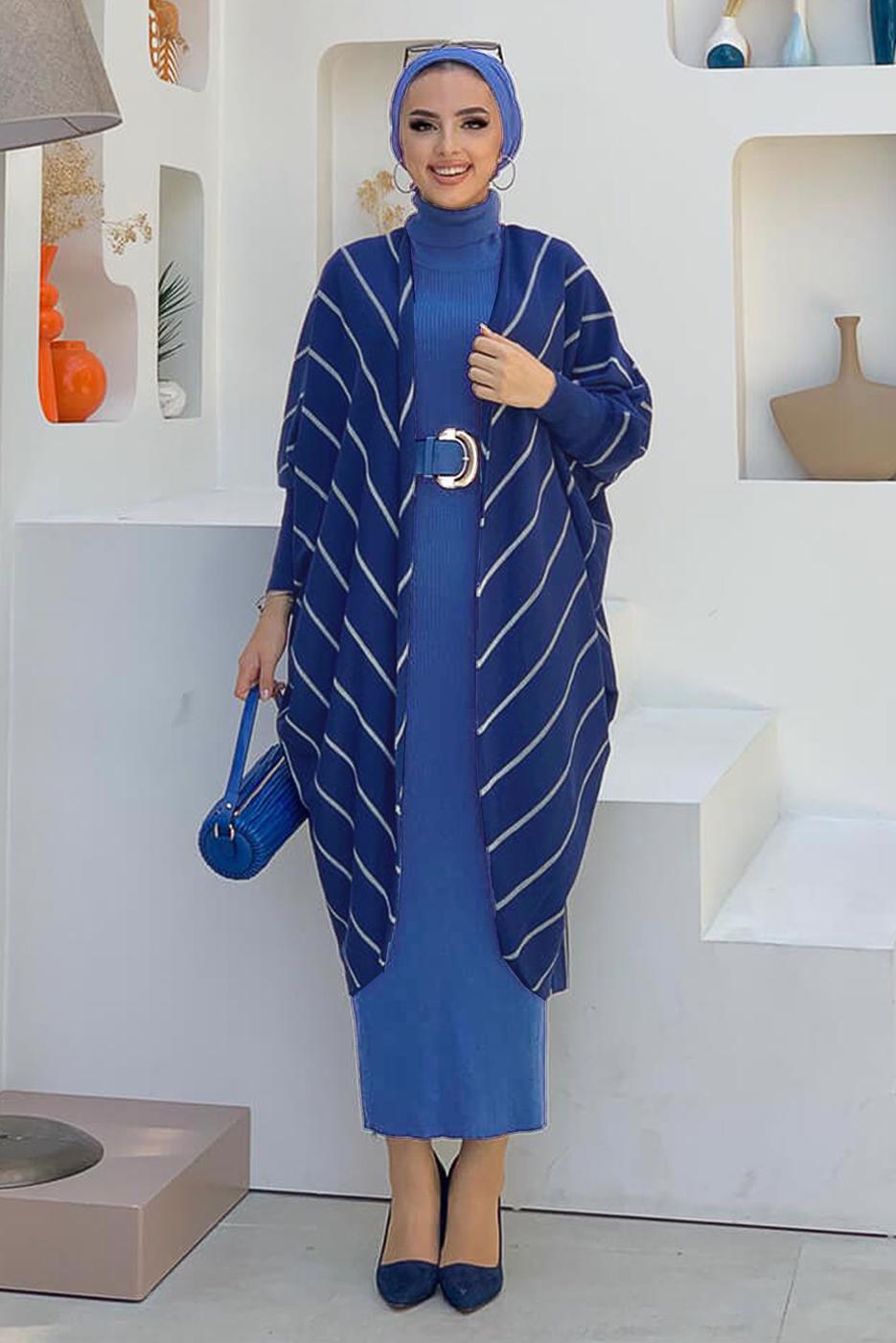Tesettür giyim LACİVERT ÇİZGİLİ SİMLİ YARASA KOL TRİKO HIRKA 5034 