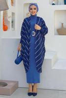Tesettür giyim LACİVERT ÇİZGİLİ SİMLİ YARASA KOL TRİKO HIRKA 5034 