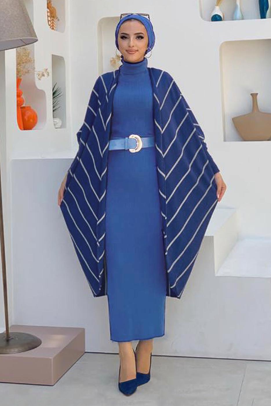Tesettür giyim LACİVERT ÇİZGİLİ SİMLİ YARASA KOL TRİKO HIRKA 5034 