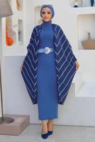 Tesettür giyim LACİVERT ÇİZGİLİ SİMLİ YARASA KOL TRİKO HIRKA 5034 