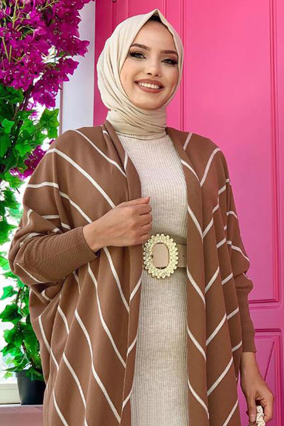 Tesettür giyim TABA ÇİZGİLİ SİMLİ YARASA KOL TRİKO HIRKA 5034 