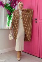 Tesettür giyim TABA ÇİZGİLİ SİMLİ YARASA KOL TRİKO HIRKA 5034 