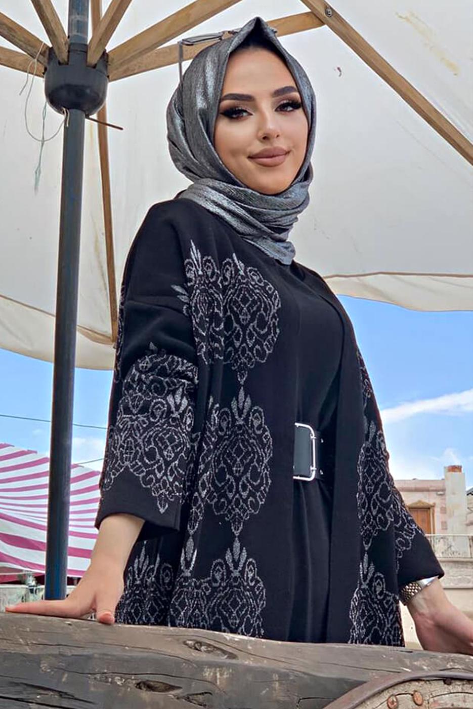 Tesettür giyim SİYAH DESENLİ TRİKO HIRKA 5316