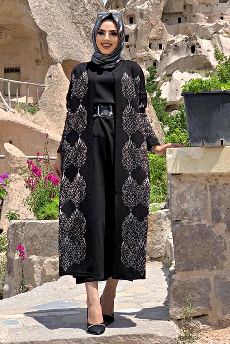 Tesettür giyim SİYAH DESENLİ TRİKO HIRKA 5316