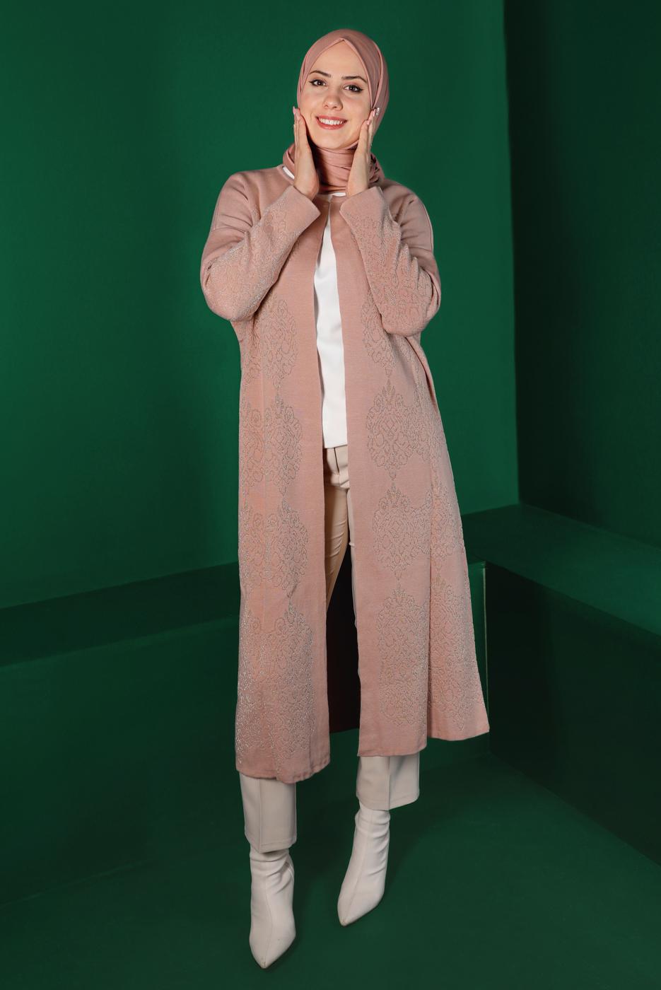 Tesettür giyim PUDRA DESENLİ TRİKO HIRKA 5316