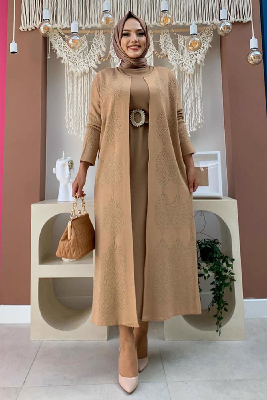 Tesettür giyim TABA DESENLİ TRİKO HIRKA 5316