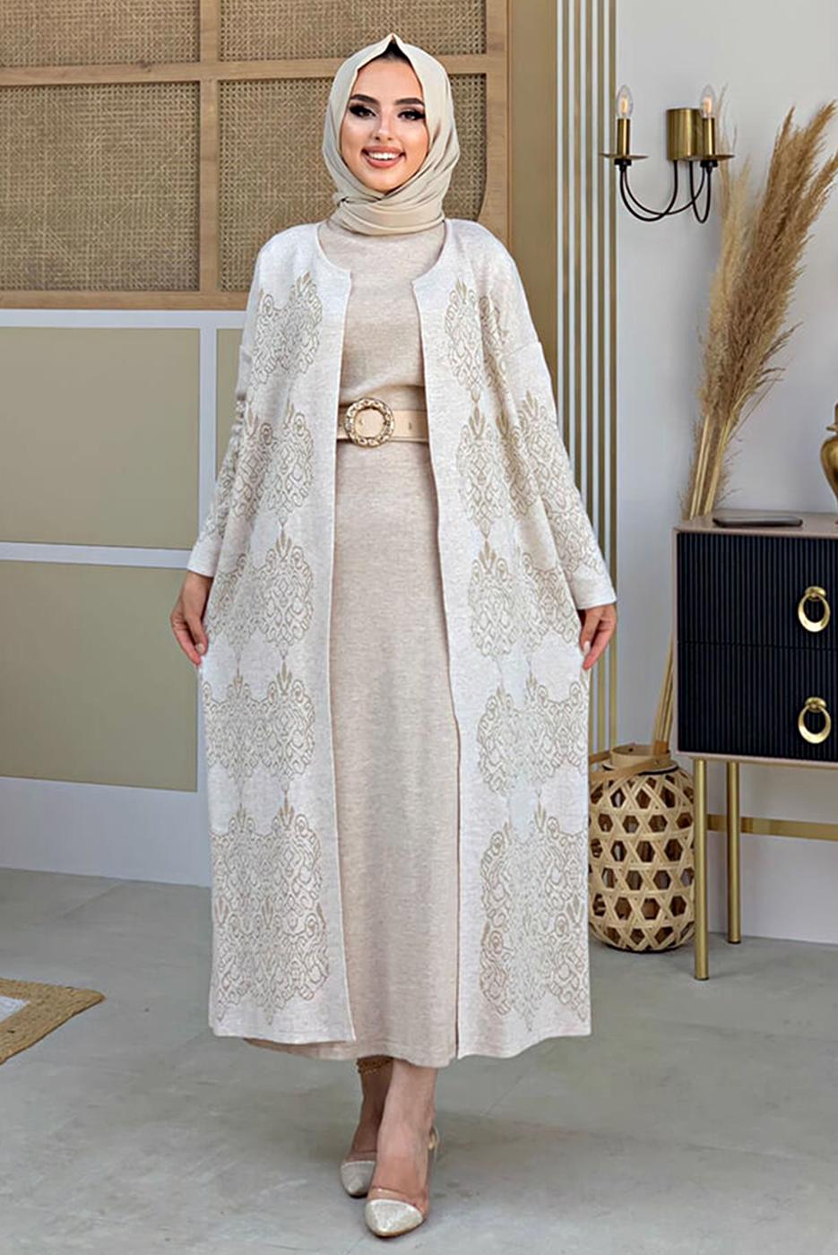 Tesettür giyim BEJ DESENLİ TRİKO HIRKA 5316