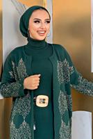 Tesettür giyim YEŞİL DESENLİ TRİKO HIRKA 5316