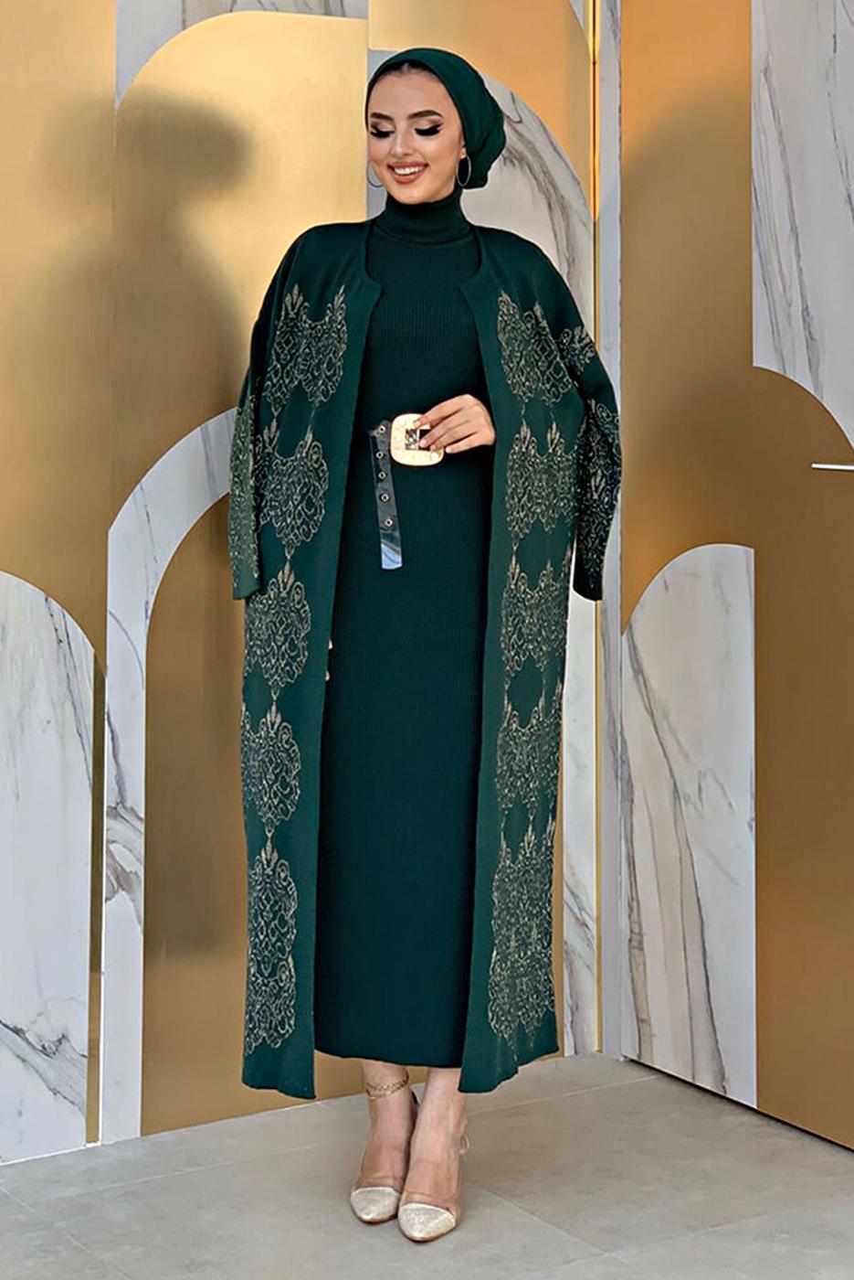 Tesettür giyim YEŞİL DESENLİ TRİKO HIRKA 5316