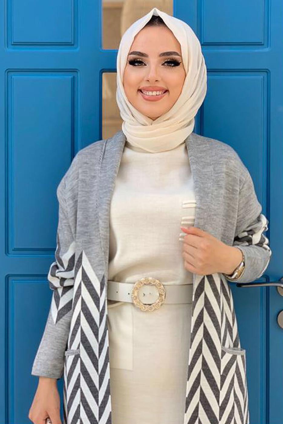Tesettür giyim GRİ DESENLİ TRİKO CEKET 5622 