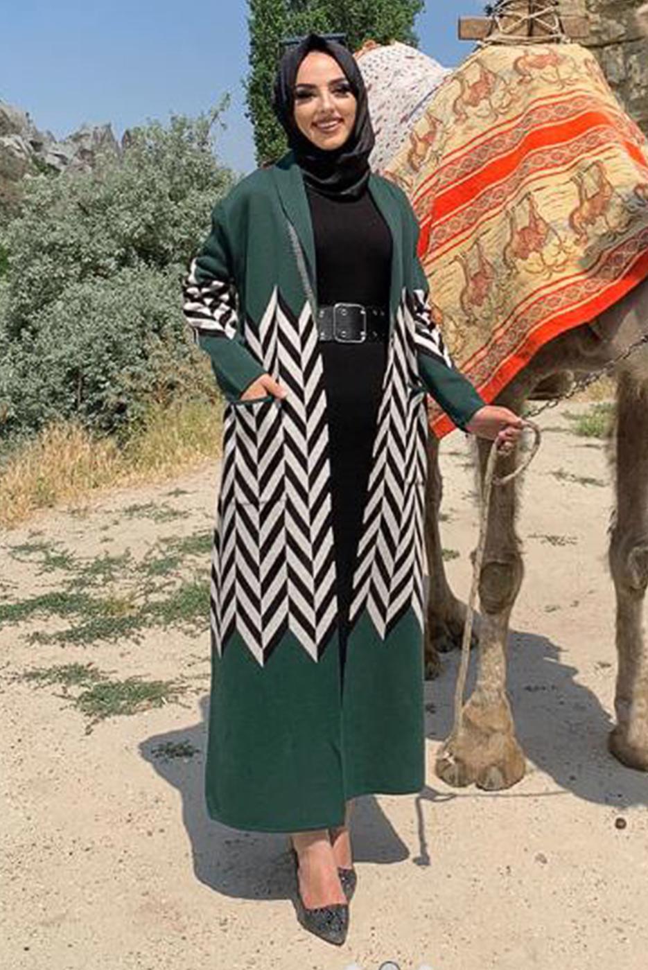 Tesettür giyim YEŞİL DESENLİ TRİKO CEKET 5622 