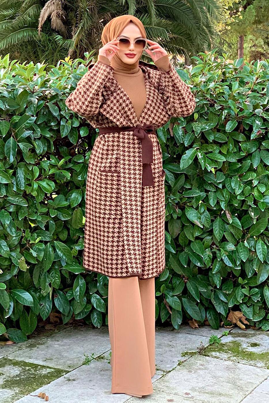 Tesettür giyim KAHVE KAZAYAĞI DESENLİ HIRKA 73102