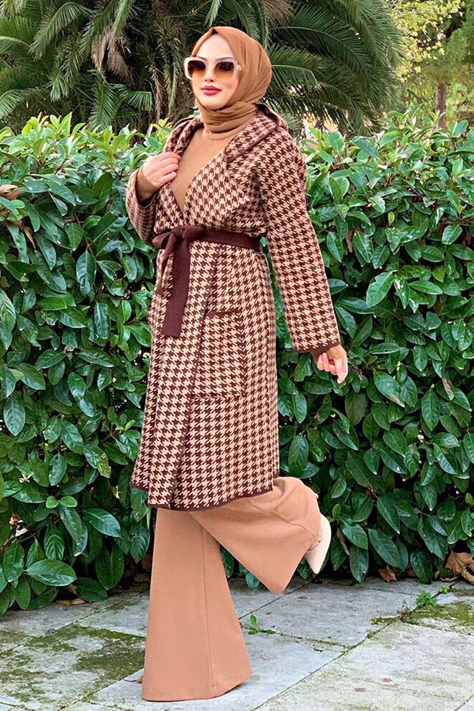 Tesettür giyim KAHVE KAZAYAĞI DESENLİ HIRKA 73102