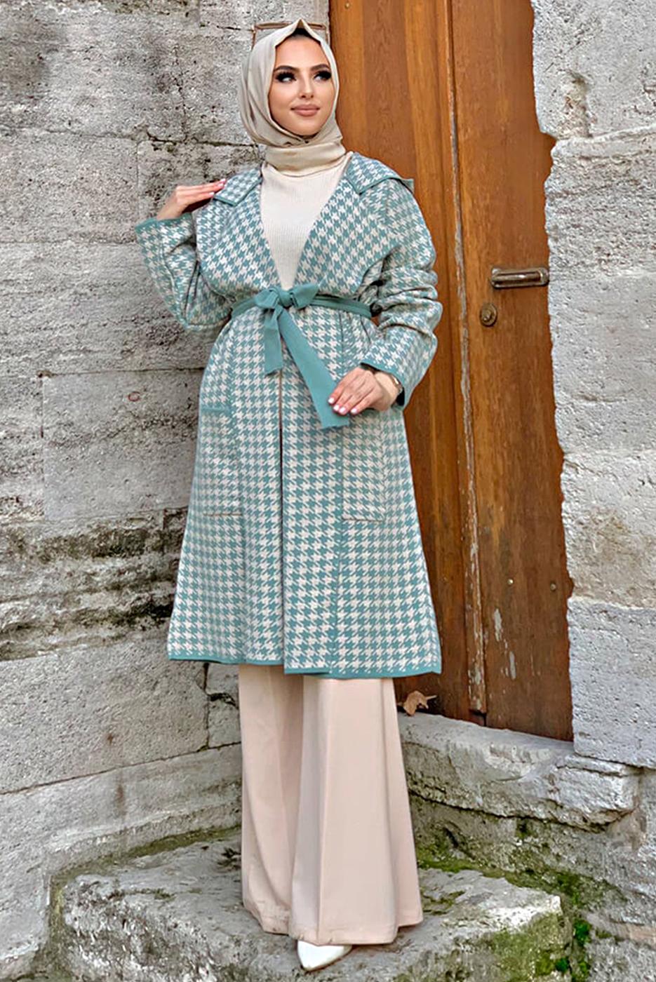 Tesettür giyim YEŞİL KAZAYAĞI DESENLİ HIRKA 73102