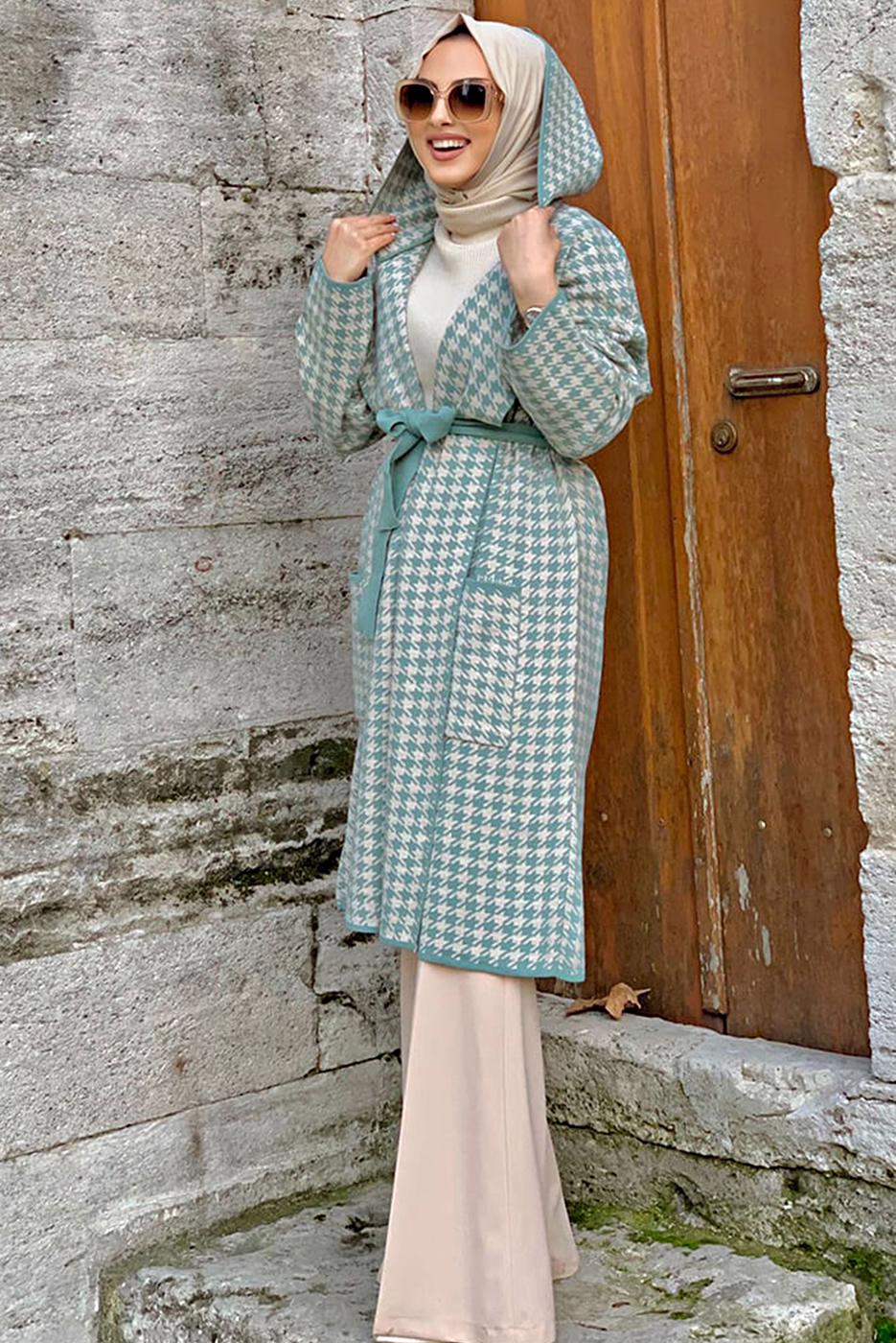 Tesettür giyim YEŞİL KAZAYAĞI DESENLİ HIRKA 73102